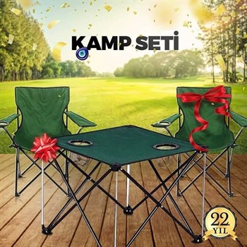 Katlanır Kamp Sandalyesi Seti Yeşil - 2 Sandalye + Masa