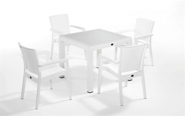 Rattan Camlı Beyaz Masa Takımı 90x90 Cm